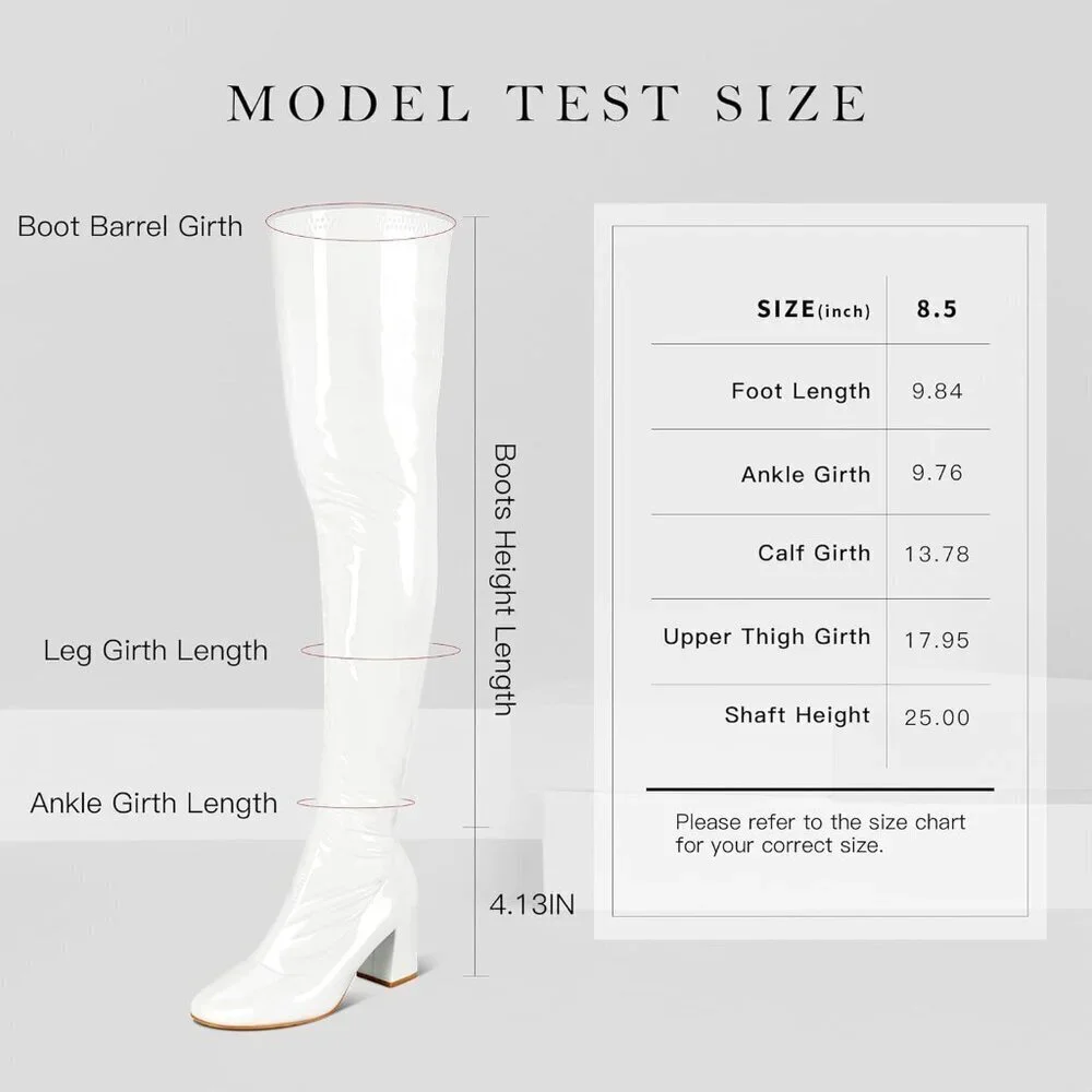 Women White Patent Leather PU Chunky Heel Over The Knee Square Toe Long Boot